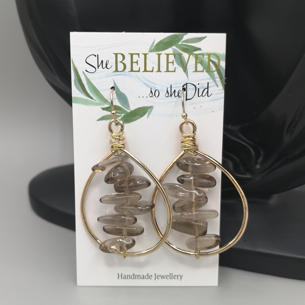 Real Smoky Quartz Gold Hoop Handmade Earrings